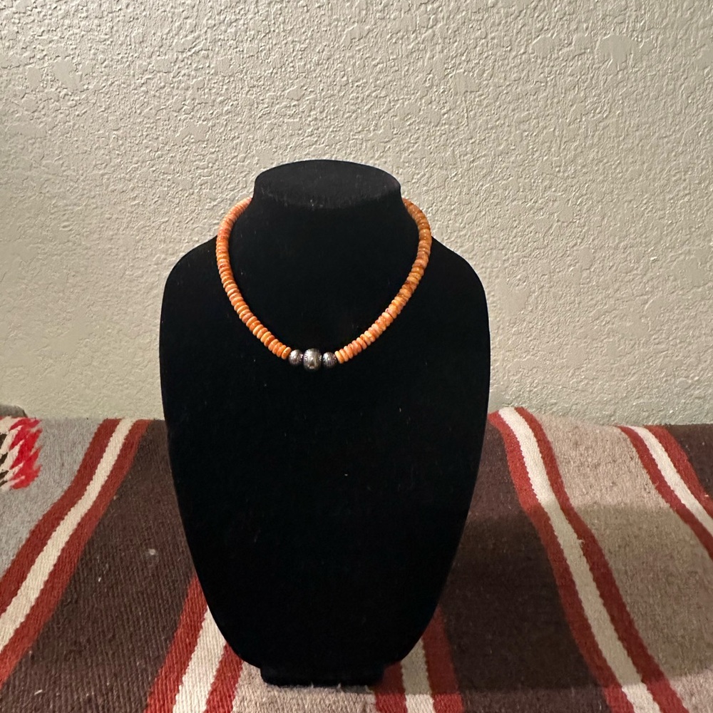 Hand Crafted Orange Spiny Oyster and Sterling Silver Beaded Necklace